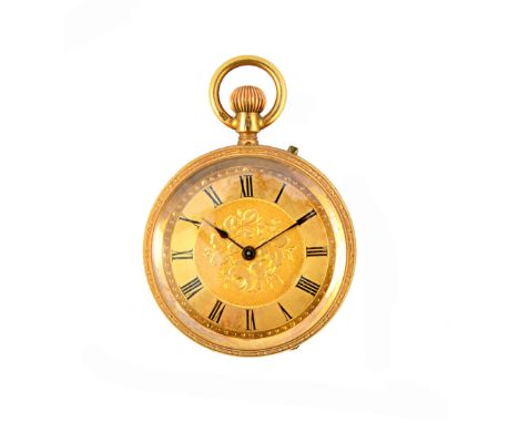 A lady's gold cased, keyless wind, openfaced fob watch, with an unsigned gilt cylinder movement, gilt metal inner case, the d