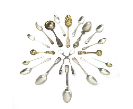 Silver table flatware, comprising; a fiddle pattern sauce ladle, London 1826, four Scottish teaspoons, having bright cut engr