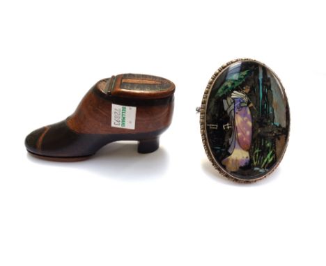 A Victorian mahogany and ebonised novelty snuff box modelled as a heeled shoe, pique work inlaid and dated 1878, 11cm wide, t