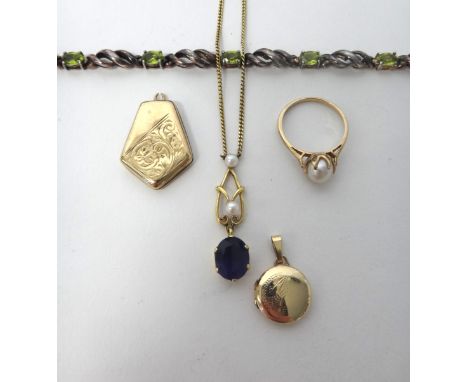 A gold, amethyst and cultured pearl set pendant necklace, a 9ct gold ring, mounted with a cultured pearl, two pairs of diamon