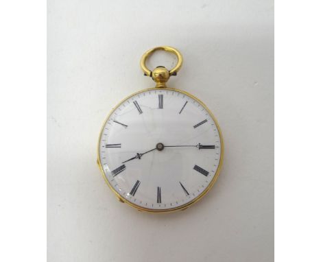 A lady's gold cased, key wind, openfaced fob watch, with an unsigned gilt cylinder movement, base metal inner case, the ename