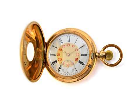 A gentleman's gold cased, keyless wind, half hunting cased pocket watch, with an unsigned jewelled lever movement, the inner 