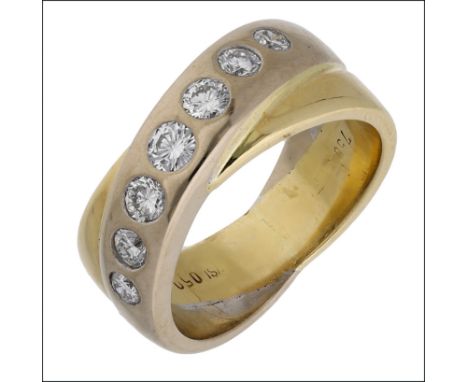 A diamond dress ring, designed as a pair of interlocking bi-coloured bands, the front inlaid with a slightly graduated row of