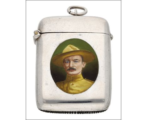 A late Victorian silver Baden Powell vesta case, the case of rounded rectangular form, the front with oval enamel portrait of