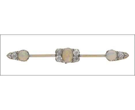 An opal and diamond bar brooch, converted from a late 19th century ring, the knife-edge bar set with an opal cabochon between