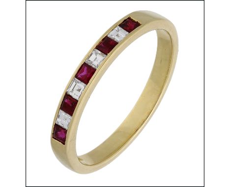 A ruby and diamond half-hoop eternity ring, the front channel-set with an alternating row of square-cut rubies and diamonds, 