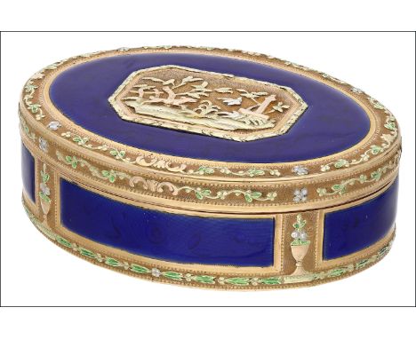 An 18th century Swiss or German three colour gold and enamelled snuff box, of oval form, the cover, sides and base with trans
