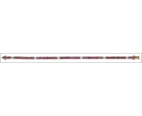 A ruby and diamond line bracelet, set throughout with circular-cut rubies spaced by illusion-set brilliant-cut diamonds, stam