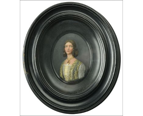 A 19th century miniature wax portrait bust of a lady, in the manner of Samuel Percy, the model full face and crafted in  high