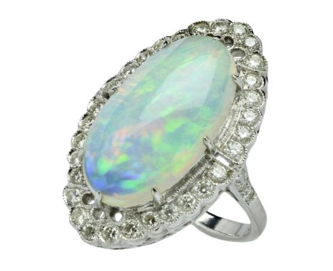 An opal and diamond cluster ring, the oval cabochon-cut opal within a navette-shaped surround of brilliant-cut diamonds, with