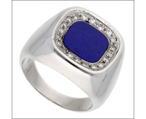 A lapis lazuli and diamond dress ring, inlaid with a cushion-shaped lapis lazuli plaque, within a surround of brilliant-cut d