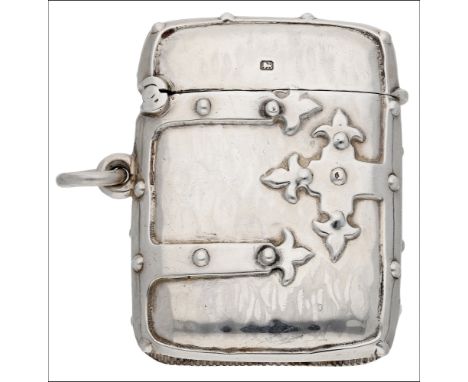 A silver vesta case, designed with strapwork and stud decoration, against a textured ground, by James Dixon & Son, Sheffield 