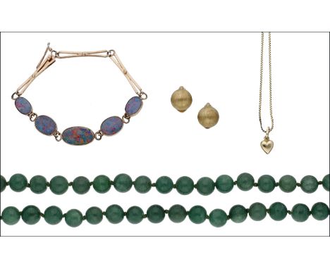 A small collection of jewellery, including an opal doublet bracelet stamped ‘9CT’, a pair of textured bombé earclips, a heart