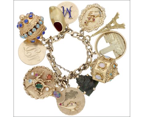 A charm bracelet, circa 1950s, the gold filled curb-link bracelet suspending eleven assorted charms, comprising six gem set c