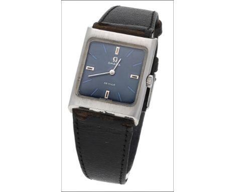 Omega, A stainless steel rectangular wristwatch, circa 1980 Movement: manual winding Dial: blue, applied baton indexes Case: 
