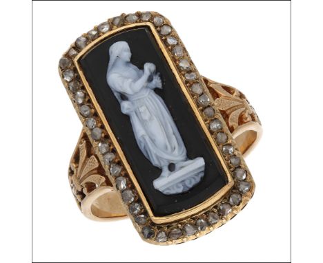 A hardstone cameo ring, the rectangular hardstone cameo depicting a maiden in medieval dress, her hair in long braids, within