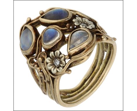 A moonstone dress ring, of Art Nouveau style, the sinuous design incorporating pear-shaped cabochon moonstones and two diamon