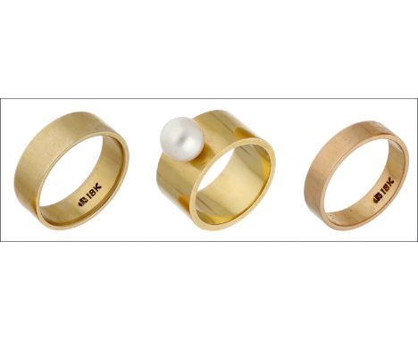 A set of three rings, circa 1970, each of plain polished design, the widest set with a cultured pearl, all with indistinct ma
