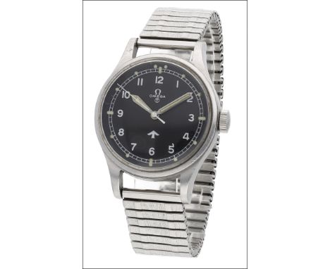 Omega, A steel military wristwatch, Ref. 2771-1, circa 1953 Movement: cal. 283, manual winding, 17 jewels Dial: black, Arabic
