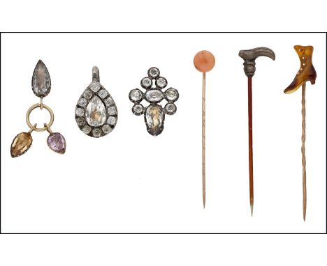 A collection of antique jewels, first, three late 18th century graduated drops, joined to form a jewelled fob, each set with 