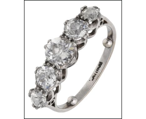 A five stone diamond ring, set with graduated old brilliant-cut diamonds in shared double claw settings, white precious metal