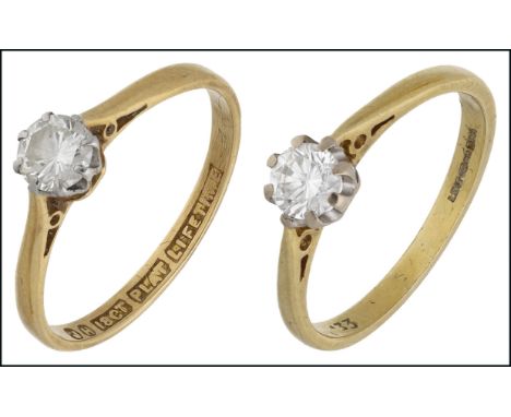 Two diamond single stone rings, each set with a brilliant-cut diamond, first with maker’s mark ‘JH’ and stamped ‘18CT PLAT LI