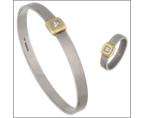 A matching diamond set platinum ring and bangle, both of flat profile and centred with a princess-cut diamond in yellow preci