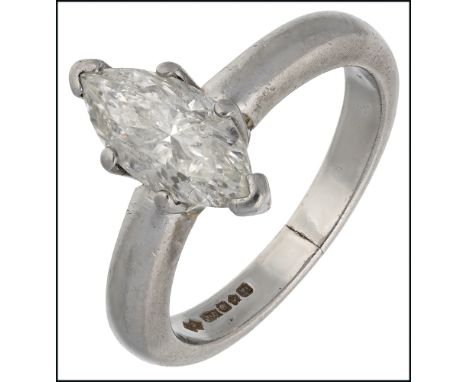 A diamond single stone ring, set with a marquise-cut diamond, mounted in platinum, UK hallmark, diamond weight approximately 