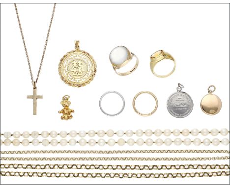 A collection of gold, platinum and pearl jewellery, comprising a platinum wedding band, a platinum medallion with pendant fit