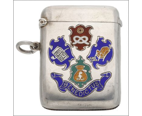 An Edwardian silver and enamel ‘Comfort & Vice’ ‘Benedictus’ vesta case, the front enamelled with emblems of comfort and vice
