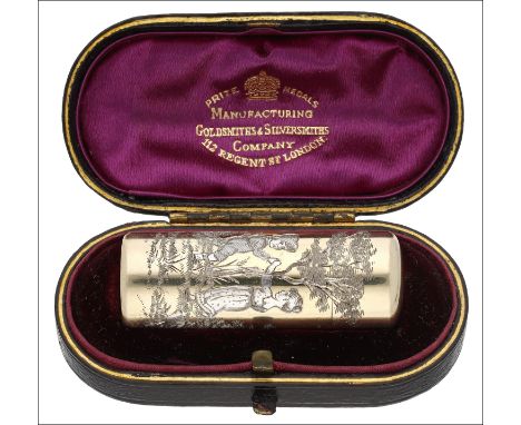 A Victorian silver gilt cylindrical perfume bottle, the case engraved with Kate Greenaway village scene with playing children