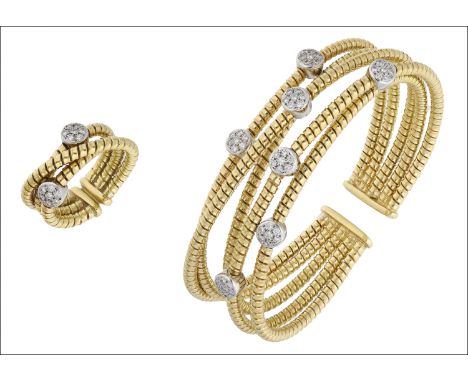 A diamond bangle and ring suite, the openwork sprung bangle composed of cable-link bands interspersed with brilliant-cut diam