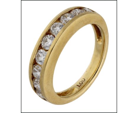 An 18ct gold diamond half eternity ring, channel set with nine brilliant-cut diamonds, to polished band setting, shank stampe