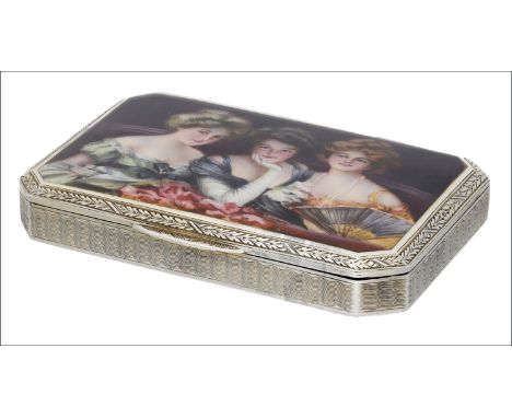 A late 19th/early 20th century Austrian silver snuff box, the hinged lid with enamelled scene of three finely dressed society