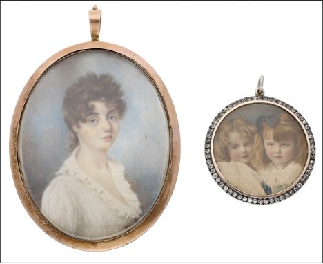 A portrait pendant and paste set circular pendant, the oval portrait within a plain polished mount and depicting a lady in Re