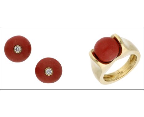 A coral-coloured bead ring and ear studs ensuite, the ring tension-set, the earrings inset with a brilliant-cut diamond, both