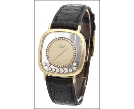 Chopard, A lady’s gold and diamond-set cushion-form wristwatch, Ref. 2220, Happy Diamonds, circa 1980 Movement: quartz Dial: 