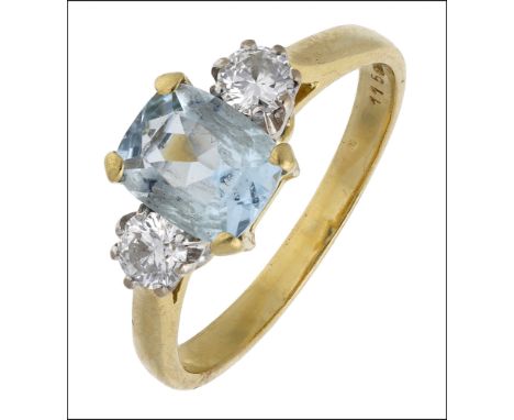 An 18ct gold three stone aquamarine and diamond ring, 2003, the central cushion-cut aquamarine claw set between two brilliant