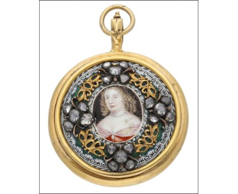 A 17th century enamelled portrait miniature, depicting Lady Frances Haversham, her auburn hair in fashionable ringlets, weari