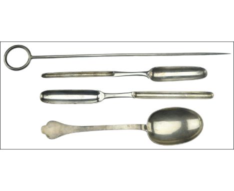 Two 18th century silver marrow scoops, a silver dog nose spoon and silver ring handled meat skewer, the first marrow scoop by