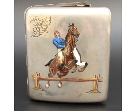 A German silver cigarette case, with a horse and rider, initialled, 9 cm high4.3 ozt (all in)Damage to enamel