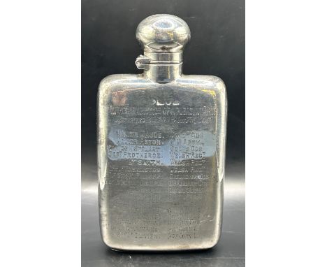 A Boer War era silver flask, engraved with the names of numerous soldiers and surgeons, marks rubbed, 3.3 ozt, 12 cm high