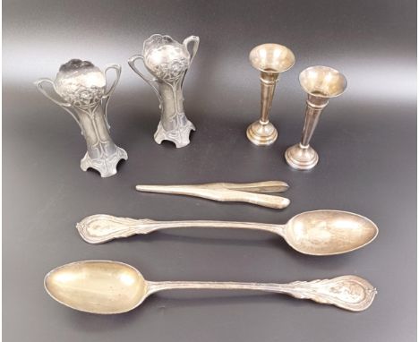 A pair of George V silver posy vases, a pair of silver plated gravy spoons, a silver plated glove stretcher and a pair of pew