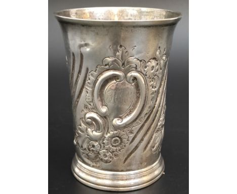 A George III silver beaker, with chased decoration, initialled, London 1763, 3.2 ozt, 9.5 cm highHallmark incomplete