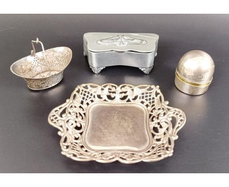 A silver pierced basket, 1.2 ozt, a strainer in the form of a basket, a silver mounted box and a silver plated ring box (4)