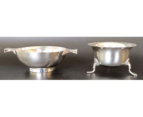 A George V silver quaich, inset with a coin, and a silver sugar bowl, 5.7 ozt (2)quiche dimensions - 4 cm high x 13 .5 cm wid
