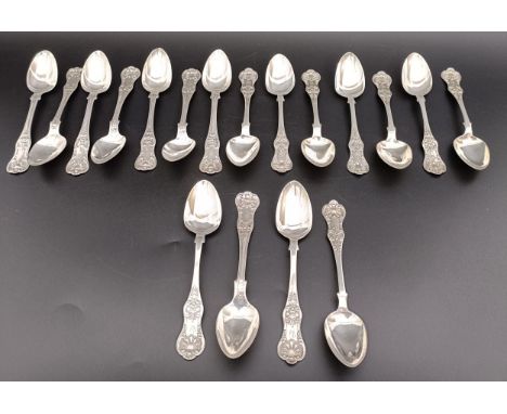Eighteen Victorian Queens pattern silver dessertspoons, Glasgow 1844/1849/1857, 12.5 ozt (18)F&F maker's mark: three 1844 & f