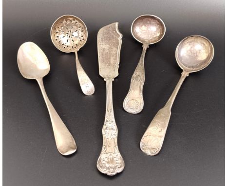 A George III silver sifter spoon, a ladle, a fish slice and a spoon, various dates and marks, 5.8 ozt