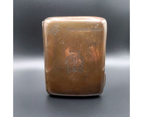 An Edward VII silver cigarette case, engraved From The Light Brigade, Tibet 1904, and a monogram, interior with pierced cigar