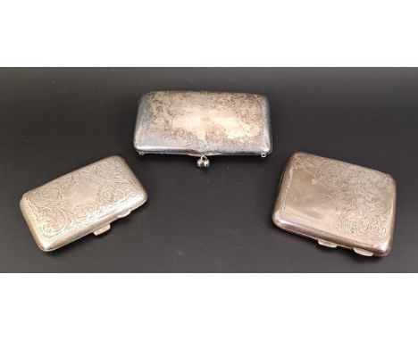 A silver cigarette box, another, and a silver purse, various dates and marks, 6.4 ozt all in (3)